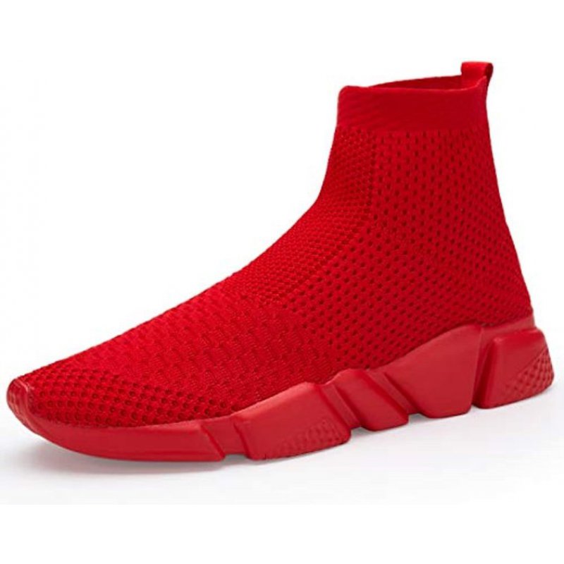 Santiro Men's Running Shoes Breathable Knit Slip On Sneakers Lightweight Athletic Shoes Casual Sports Shoes High Top All Red