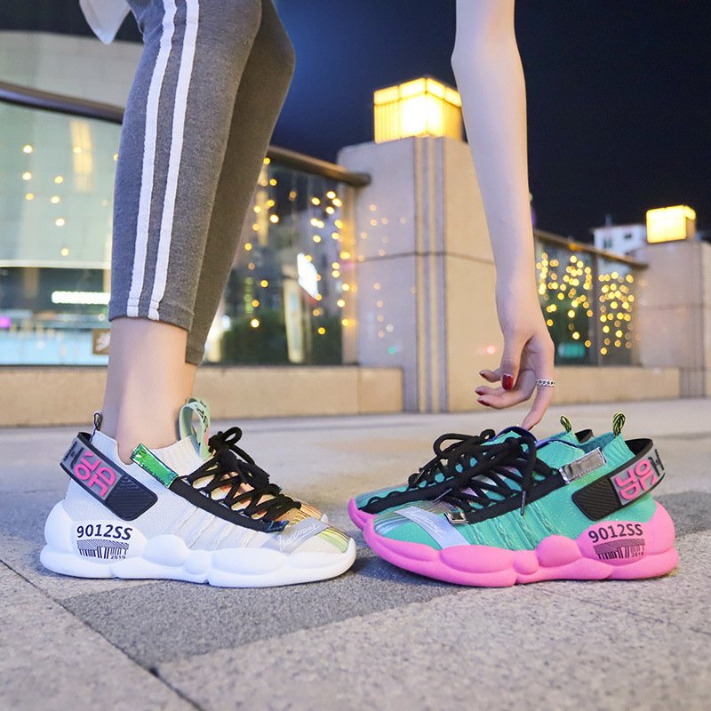2020 summer new sports shoes female flying knit socks shoes female breathable student dad casual shoes female